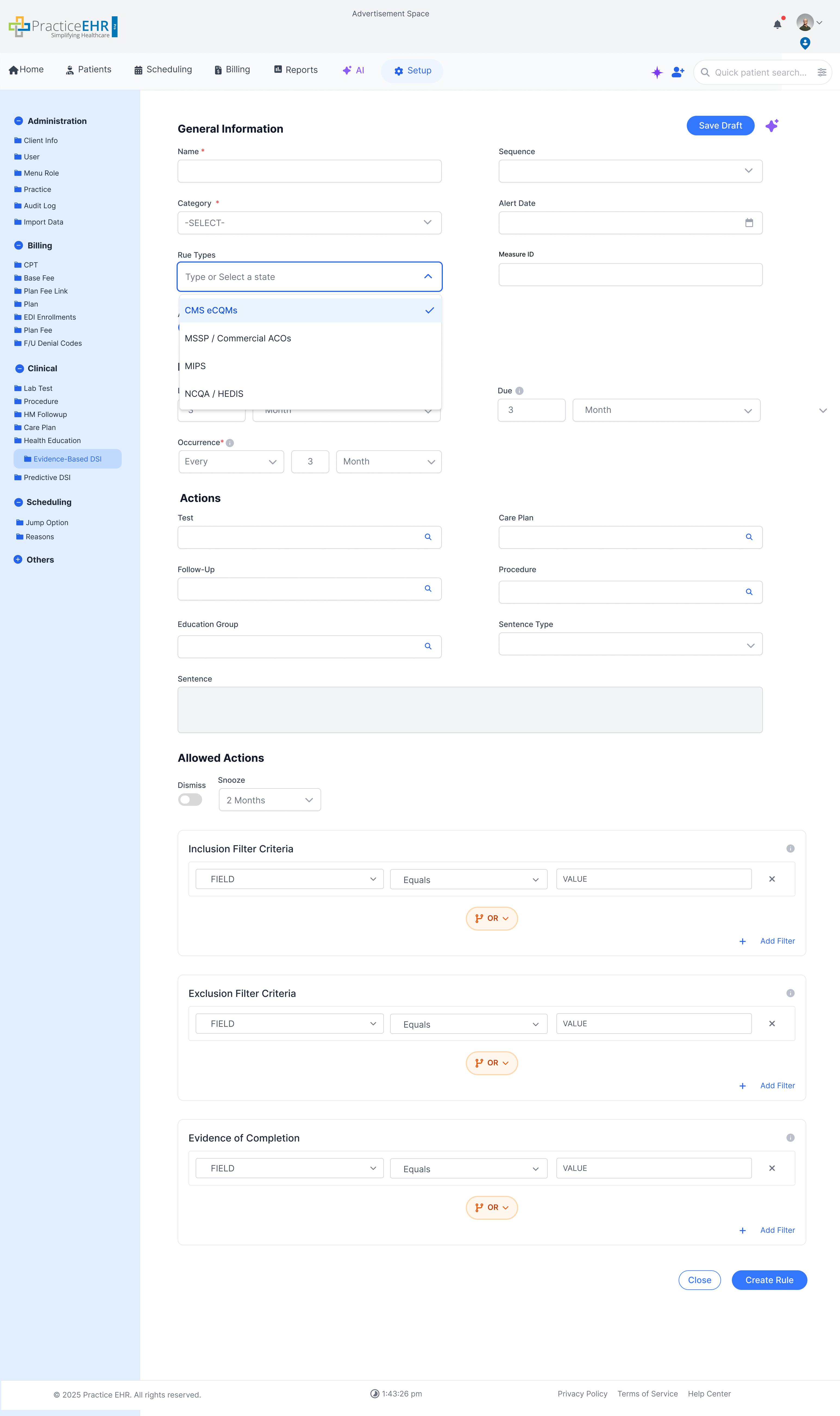 EBDSI rule type dropdown